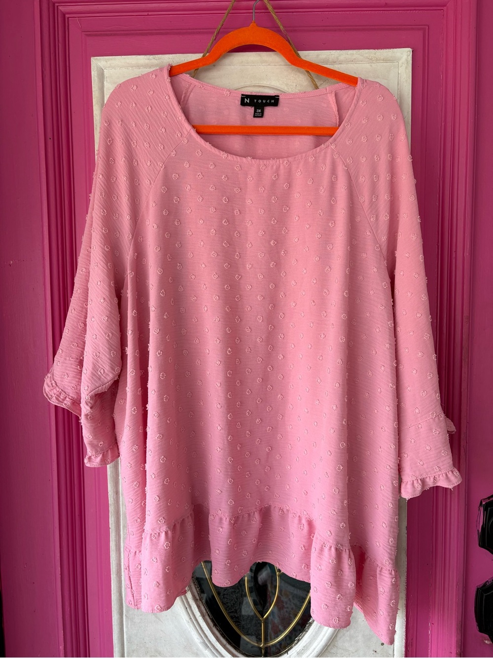 N Touch Pink Ruffle-Hem Textured Blouse
